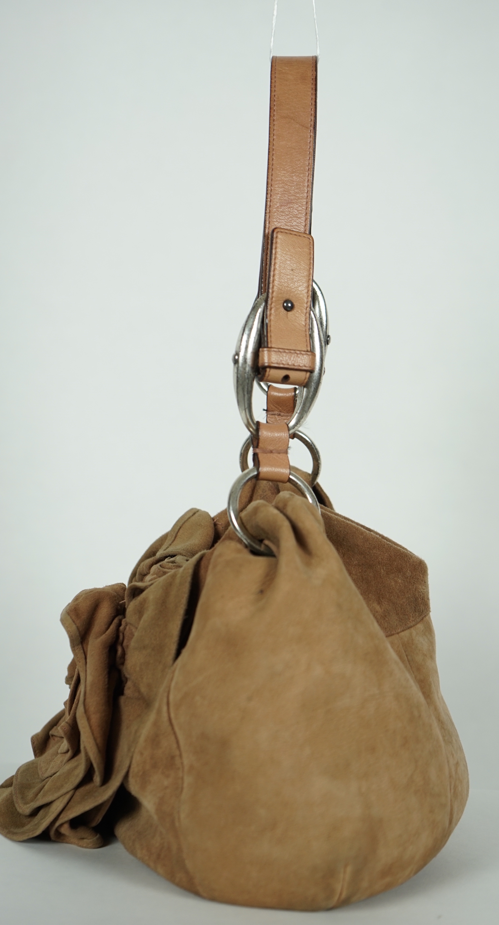 A Yves Saint Laurent rive gauche camel/ sand-brown sueded leather Nadja Rose Petal shoulder bag, designed by Tom Ford, width 36cm, height 33cm, depth 5cm